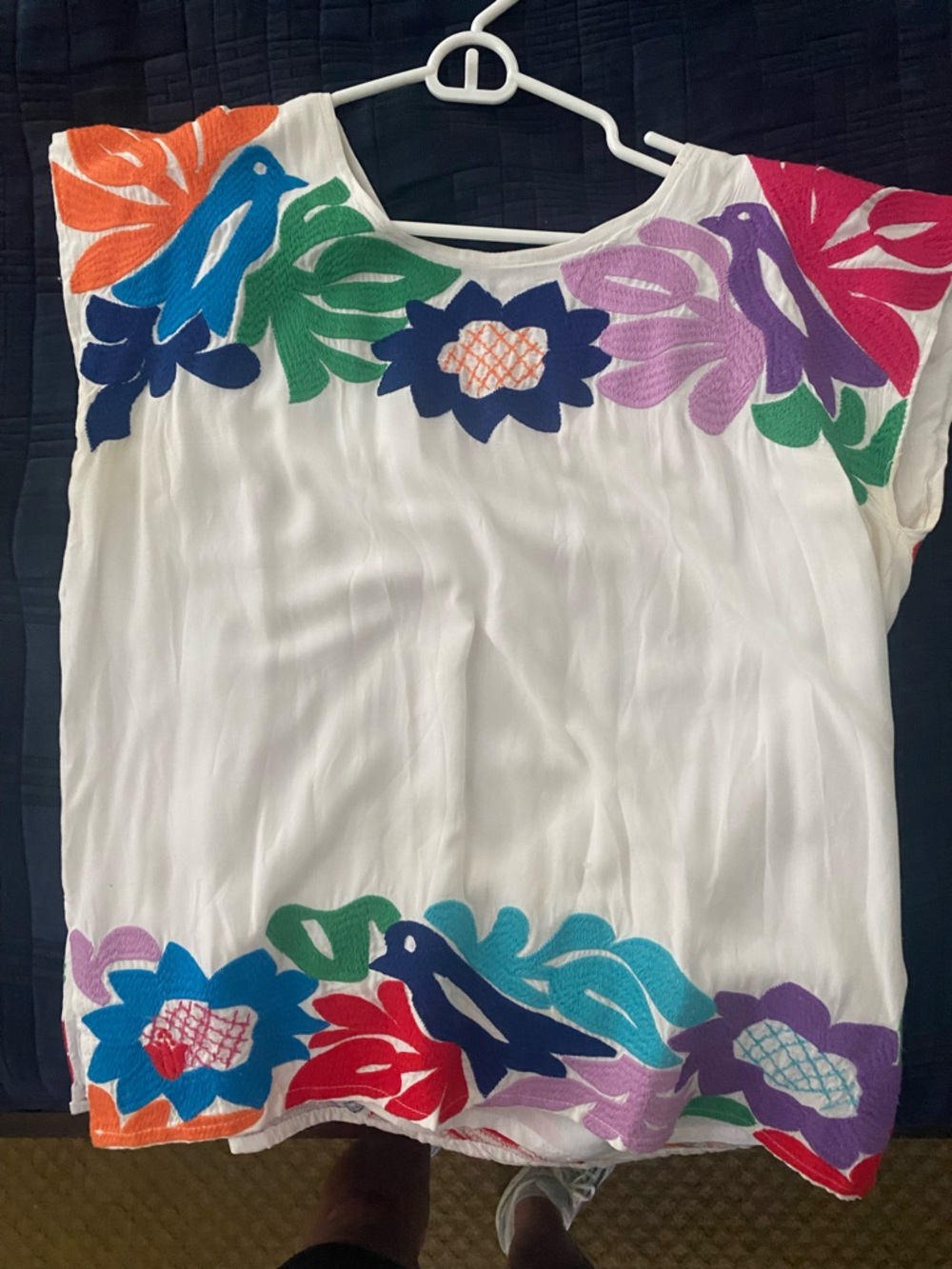 White Embroidered Mayan Style Top with Colorful Birds & Flowers